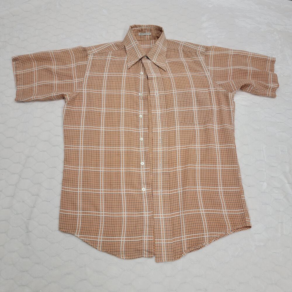 Vintage 70s Plaid Short Sleeve Button Up Shirt Orange Brown Dagger Collar L XL